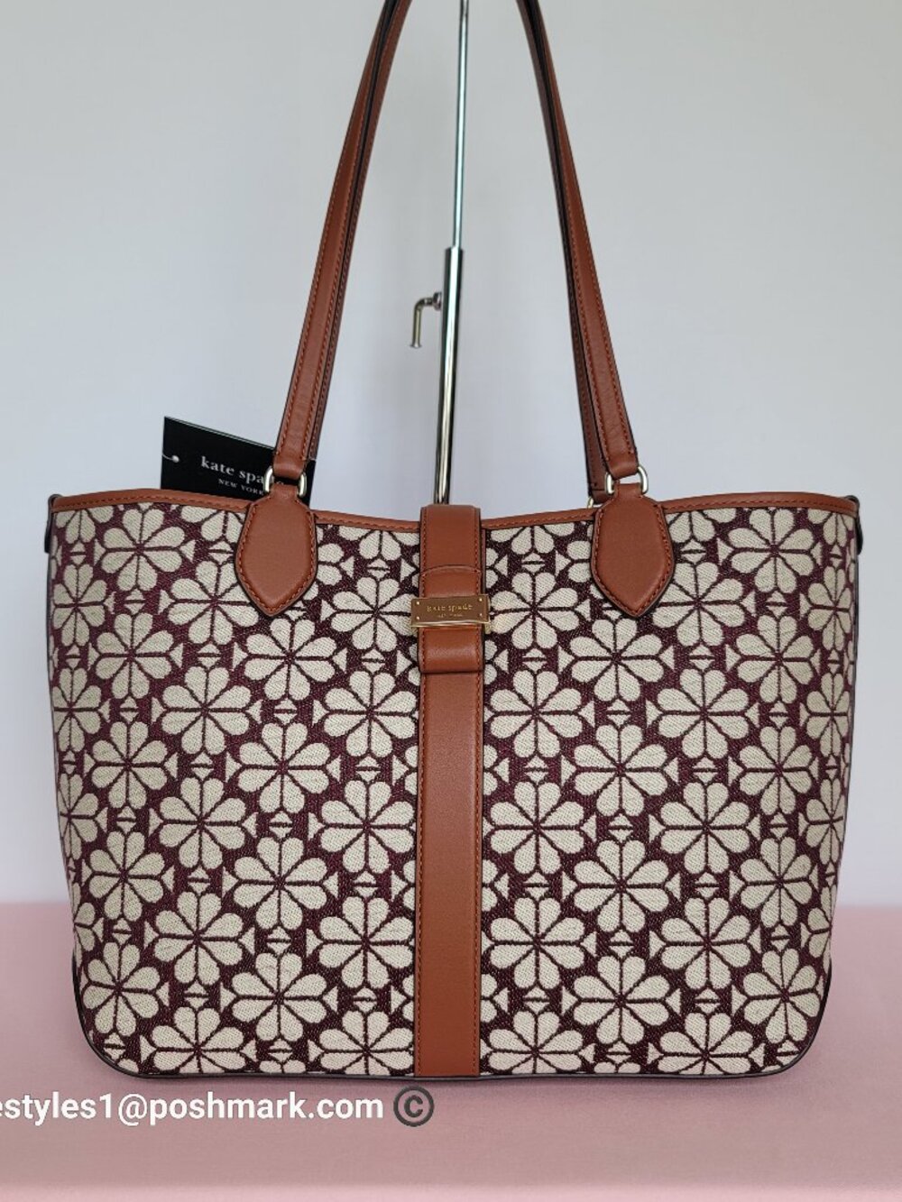 KATE SPADE Spade-Flower Jacquard and Leather Medium Open Tote- Burgundy Multi⭐ - Picture 1 of 16